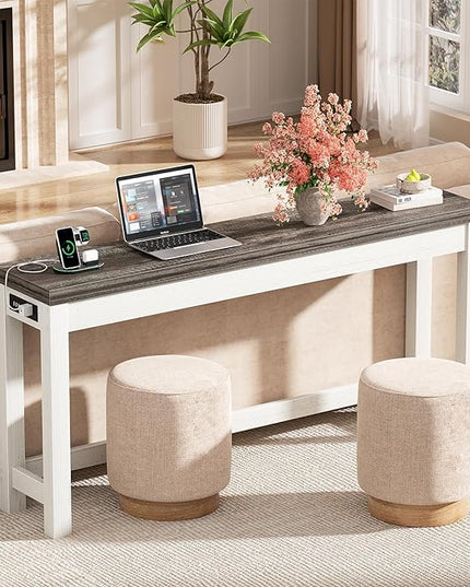 Cyclysio 63" Console Tables for Entryway, Long Console Tables for Living Room, Behind Couch Table, Sturdy Wood Support Farmhouse Entryway Table with 3AC+2USB Charging‌ Station, Oak Grey