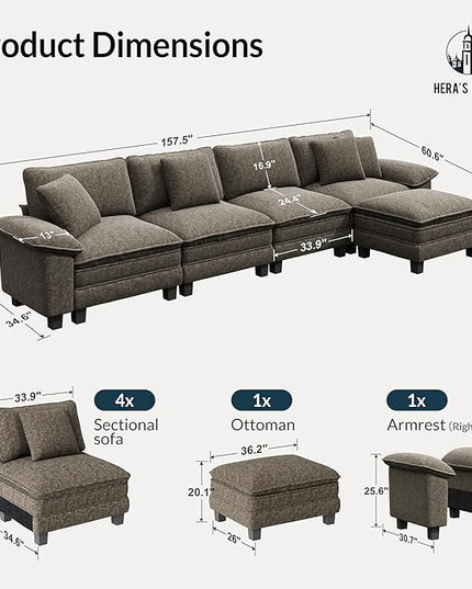 HERA'S HOUSE 158" Modular Sectional Sofa, Oversized L Shaped Couches for Living Room, Comfy Cloud Couch with Ottoman, 5-Seater Deep Seat Sofa with Throw Pillow, Chenille Ash