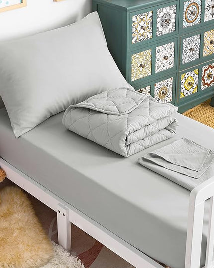 NTBAY Toddler Bedding Set - 4 Piece Soft and Breathable Crib Bedding Set for Boys and Girls, Includes Quilted Comforter, Fitted Sheet, Flat Top Sheet and Envelope Pillowcase, Light Grey