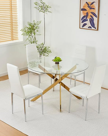 47.24" Round Glass Dining Table Modern Kitchen Glass Top Table for 6 with Gold Chrome Metal Legs, Clear Dining Table Kitchen Table for Home Office Dining Room