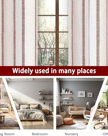 DriftAway Farmhouse Linen Blend Blackout Curtains 108 Inches Long for Bedroom Vertical Striped Printed Linen Curtains Thermal Insulated Lined Treatments for Living Room 2 Panels W52 x L108 Red