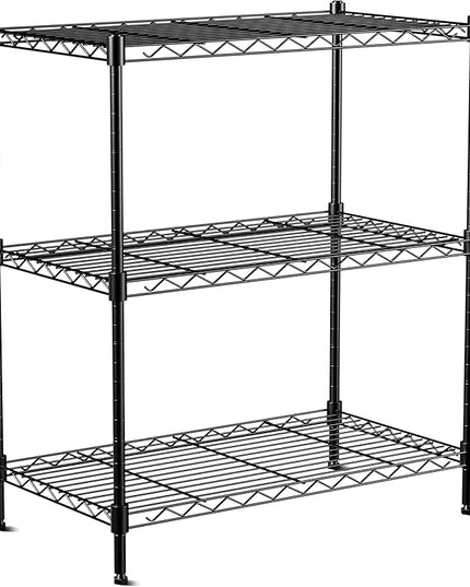 3-Tier Wire Shelf Rack,24" Dx14 Wx 30" H,Wire Metal Shelving with Lockable Wheels,Height Adjustable Storage Sranding Shelves for Kitchen,Living Room,Laundry,Office,Pantry,Studio,Black