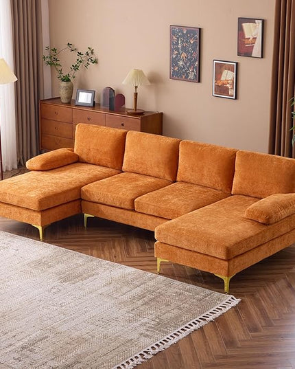 VINGLI 110" Sectional Couches for Living Room,U Shape Couch with Double Chaise, 4-Seat Sofa Set with Chenille Fabric for Home Furniture,Burnt Orange