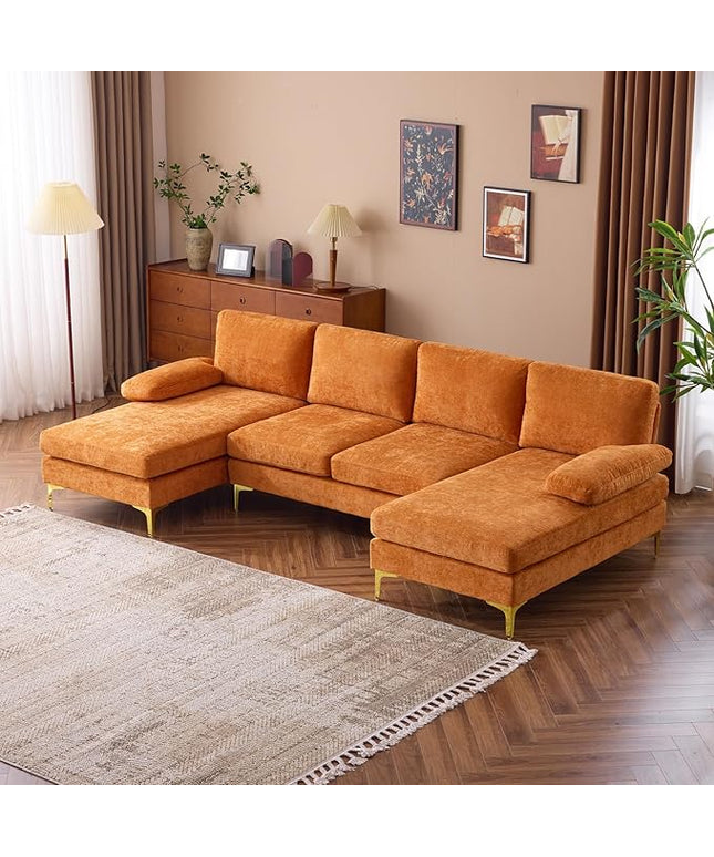 VINGLI 110" Sectional Couches for Living Room,U Shape Couch with Double Chaise, 4-Seat Sofa Set with Chenille Fabric for Home Furniture,Burnt Orange