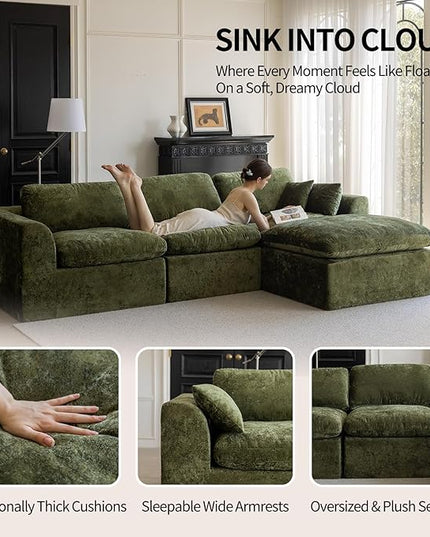 115''Cloud Sectional Couch, Modern L-Shape Sofa with Ottoman, Oversized Convertible 3 Seater Modular Couches for Living Room, Forest Green