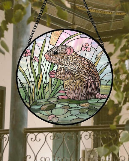 Stained Glass Window Hanging 4 Pcs Set Cute Animal Large 11.8"- Green Plant Pink Suncatcher Door Garden Sun Catcher Decor Birthday Christmas for Mom Woman Nana Men Friend