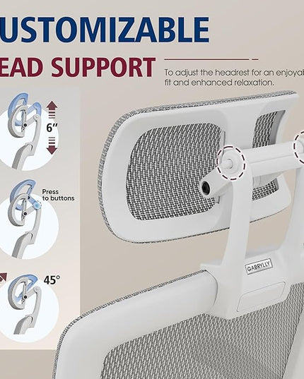GABRYLLY Ergonomic Office Chair, High Back Home Desk Chair with Headrest, Flip-Up Arms, 90-120° Tilt Lock and Wide Cushion, Big and Tall Mesh Chairs for Man Woman, White Task Chair
