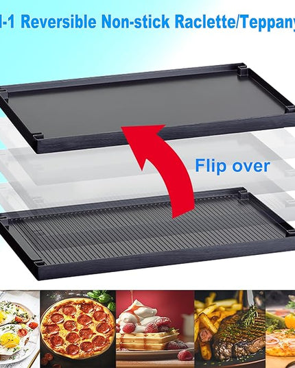 TAMARIT Raclette Party Grill Portable Indoor Electric Korean BBQ Grill 2 in 1 Raclette Table Griddle with Nonstick Coating Plate 4 Pizza Pans 8 Cheese Trays Upper and Lower Heater, PFAS-No