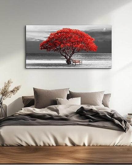 wall art for living room Decorations Photo Prints - panoramic black and white with red trees The moon Landscape - Modern Home Decor The room Stretched and Framed Ready to Hang artwork 20x40inches