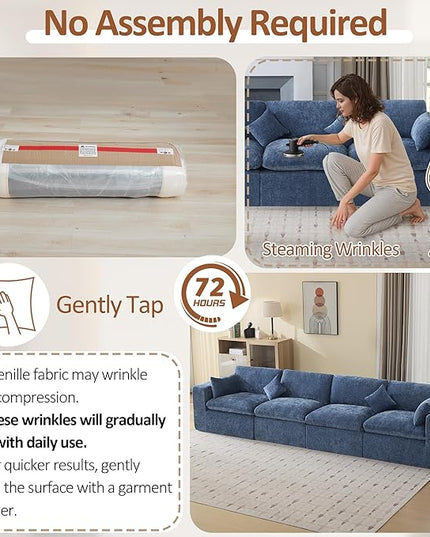 155''Cloud Boneless Sectional Couch, Modular Sectional Sofa Deep Seat, Oversized Upholstered Convertible Comfy 4 Seater Chenille Memory Foam Sofa Couches for Living Room, Blue