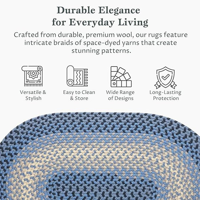 Tranquility TQ12 Blue 3' x 5' Oval - Braided Area Rug, Home Decor, Floor Mat or Bedroom Rug - Easy Care, Ideal for High Traffic Areas in Hallway and Living Room - Made in USA