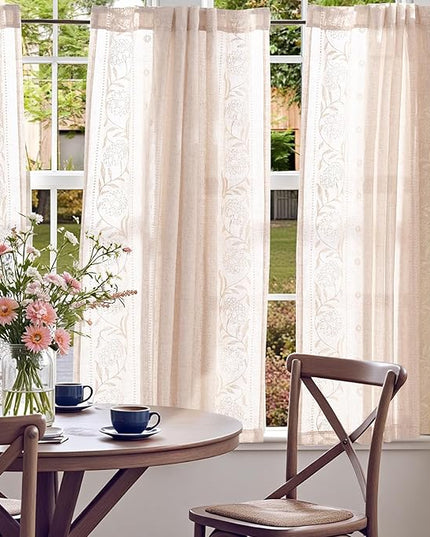 jinchan Winslow Linen Curtains 54 Inch Length Small Window Curtains Embroidered Bordered Floral Drapes Light Filtering for Bathroom Laundry Room Kitchen Farmhouse Decor White on Beige 2 Panels