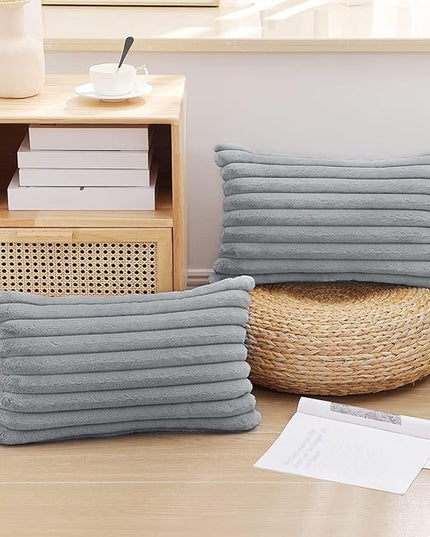 Pallene Faux Fur Plush Lumbar Throw Pillow Covers 12x20 Set of 2, Luxury Soft Fluffy Striped Decorative Pillow Covers for Sofa, Couch, Living Room, Grey