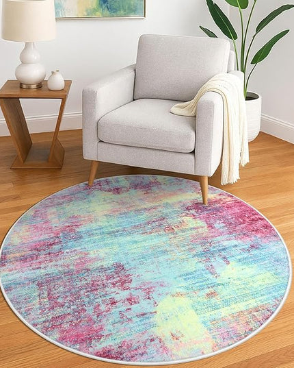 IOHOUZE Round Area Rug 5 Ft Circle Entryway Rugs Round Washable Door Mat Indoor Entrance, Non Slip Circle Front Door Rug, Printed Abstract Faux Wool Floor Carpet for Foyer Porch Sink, Pink Teal