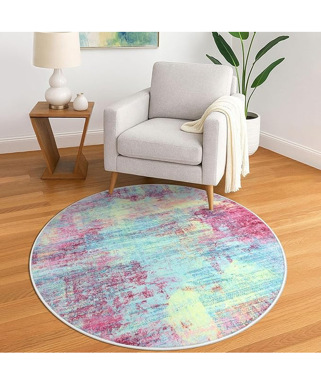 IOHOUZE Round Area Rug 5 Ft Circle Entryway Rugs Round Washable Door Mat Indoor Entrance, Non Slip Circle Front Door Rug, Printed Abstract Faux Wool Floor Carpet for Foyer Porch Sink, Pink Teal