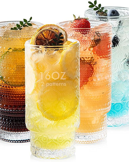 16oz Drinking Glasses Set of 4, 2 Hobnail Glasses & 2 Embossed Water Goblets, Flower Design Stackable Vintage Tumbler Glasses, Old Fashion Beaded Glass Cups for Cocktail, Iced Coffee, Beer