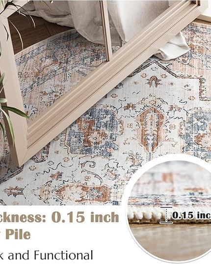 jinchan Round Rug 7ft Area Rug - Machine Washable 7'Circle Vintage Floral Non-Slip with Rubber Backing Ultra-Thin Low-Pile Carpet for Bedroom Living Room Dining Room Entryway (7'Round, Orange)