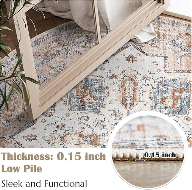 jinchan Round Rug 8ft Area Rug - Machine Washable 8'Circle Vintage Floral Non-Slip with Rubber Backing Ultra-Thin Low-Pile Carpet for Bedroom Living Room Dining Room Entryway (8'Round, Orange)