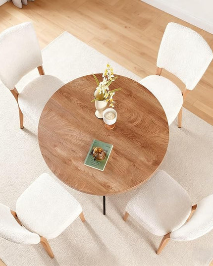 5-Piece Round Dining Table Set, Modern Small 37" Kitchen Table Chairs Set, Upholstered Stackable Dining Chairs with Metal Legs for Living Room Apartment, Space-Saving, Imitation Wood&White