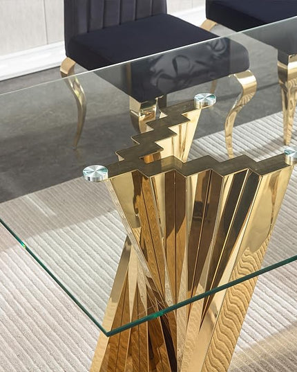 70" Glass Dining Table for 6, Modern Tempered Glass Kitchen Table, Rectangular Dining Room Table with Gold Stainless Steel Base Dinner Tables for Kitchen Home Office