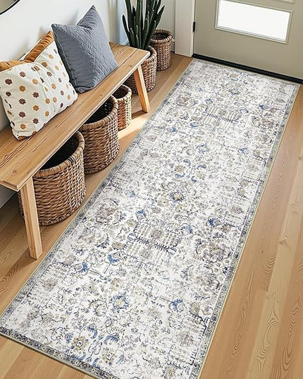 jinchan Kalen Runner Rug 2x7 Washable Hallway Rug Vintage Runner Indoor Floor Cover Thin Retro Distressed Floral Country Non Slip Carpet for Entryway Bathroom Kitchen Bedroom Living Room Stairway Blue