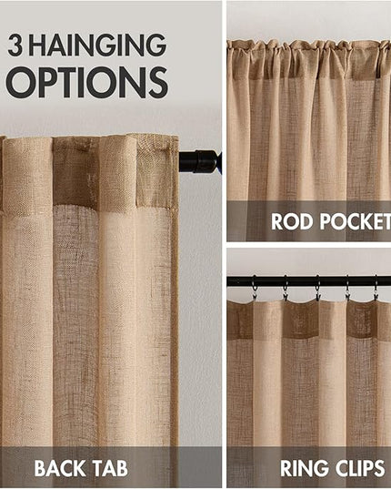 MIULEE Brown Linen Curtains 72 Inch Length 2 Panels for Bedroom Living Room, Soft Thick Linen Textured Window Drapes Semi Sheer Light Filtering Back Tab Rod Pocket Burlap Look Decor, W37xL72
