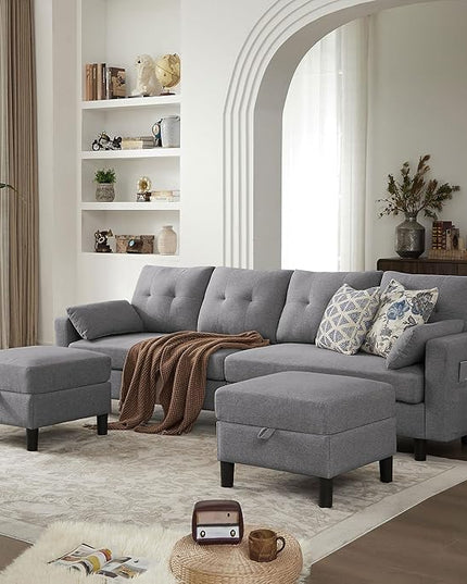 101" Sectional Sofa 4 Seat U Shaped Couch with Storage Ottoman for Living Room, Reception Room ect, Combination Sectional Couch with Movable Ottoman Sets, LightGrey