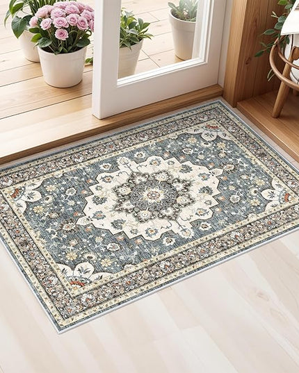 Washable Oriental Area Rug - 2x3 Rugs for Living Room Soft Carpet for Bedroom Waterproof Floral Distressed Indoor Stain Resistant Non-Shedding Floor Carpets (Blue, 2x3)
