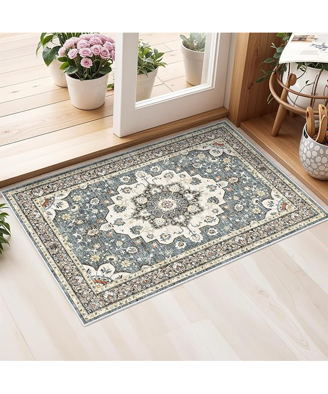 Washable Oriental Area Rug - 2x3 Rugs for Living Room Soft Carpet for Bedroom Waterproof Floral Distressed Indoor Stain Resistant Non-Shedding Floor Carpets (Blue, 2x3)