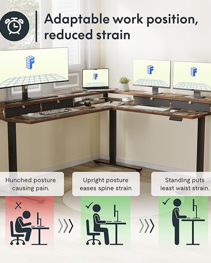 FLEXISPOT 71'' L Shaped Standing Desk Electric Corner Table with Shelf, 4 Storage Drawers, Adjustable Computer Workstation for Home, Office, Game, Studio, Rustic Brown Top + Black Frame