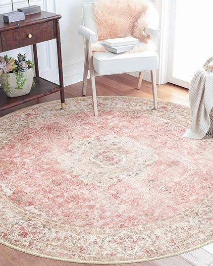 Pink Round Rug 5ft, Circle Boho Area Rugs for Bedroom Living Room,Washable Vintage Bohemian Distressed Oriental Floral Carpet Non Slip,Blush