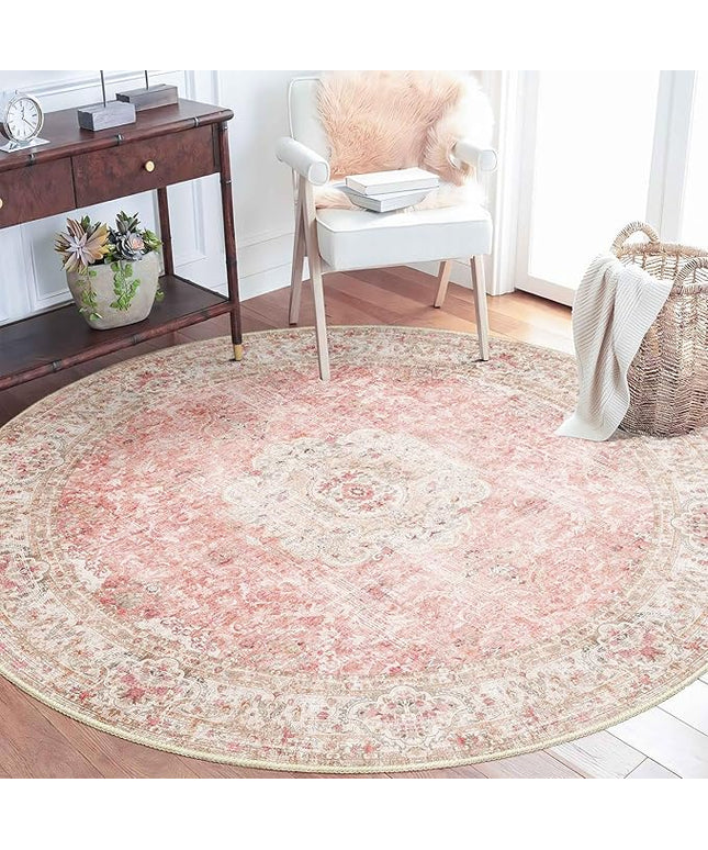 Pink Round Rug 5ft, Circle Boho Area Rugs for Bedroom Living Room,Washable Vintage Bohemian Distressed Oriental Floral Carpet Non Slip,Blush