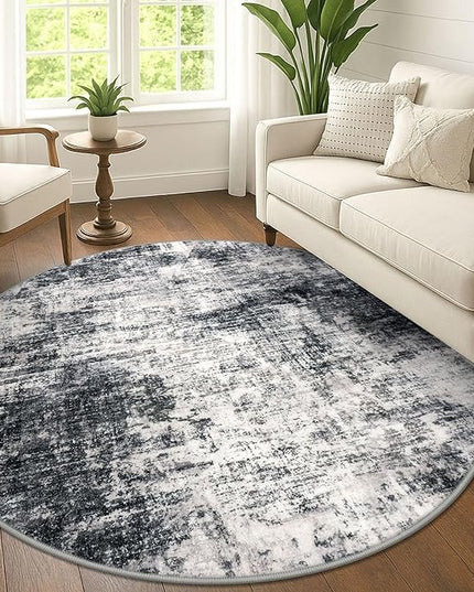 IOHOUZE Abstract Round Area Rug 6 Ft Washable Circle Rugs Large Round Rug Non Slip Thin Soft Circle Rugs, Printed Faux Wool Floor Carpet for Bedroom Living Room Dining Room Nursery, Black Grey