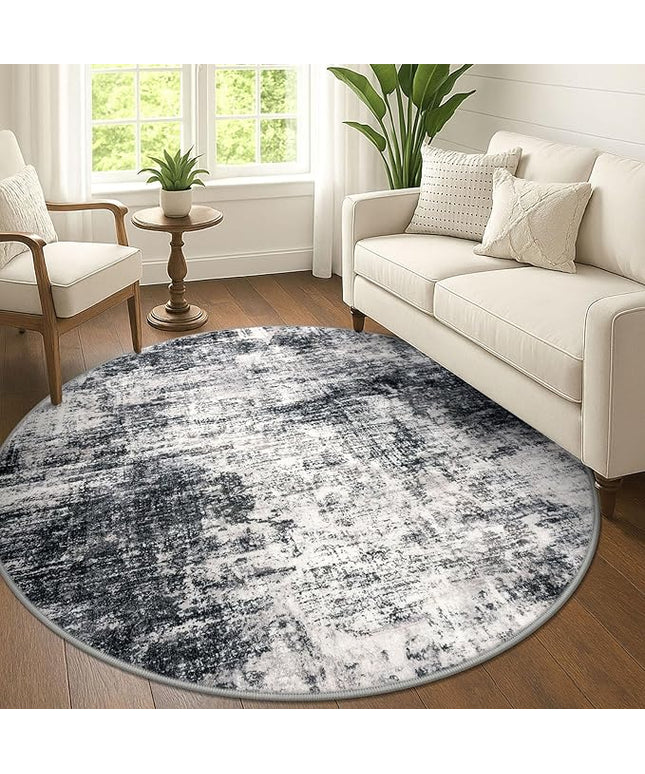 IOHOUZE Abstract Round Area Rug 6 Ft Washable Circle Rugs Large Round Rug Non Slip Thin Soft Circle Rugs, Printed Faux Wool Floor Carpet for Bedroom Living Room Dining Room Nursery, Black Grey