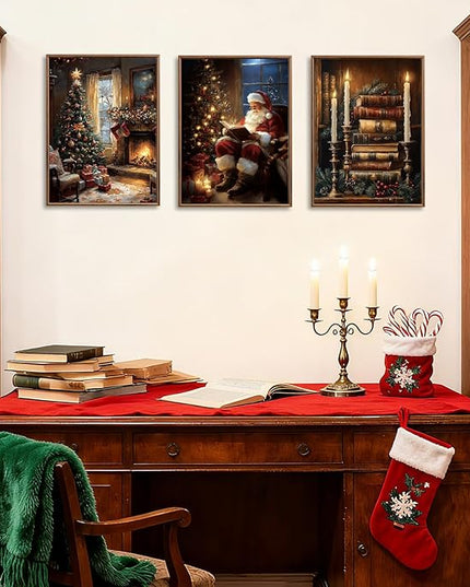 ANHUIB Christmas Canvas Wall Art Vintage Christmas Wall Decor Satan Claus Paintings X Man Artwork 12x16 Inches Set of 3 for Living Room Bedroom