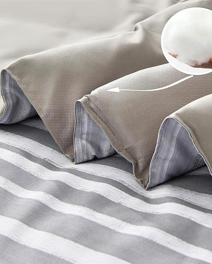 KAKIJUMN 5 Piece Bed in a Bag Stripe Comforter Set Twin Size, White Grey Patchwork Striped Comforter and Sheet Set, All Season Soft Microfiber Complete Bedding Set(Light Grey,Twin)