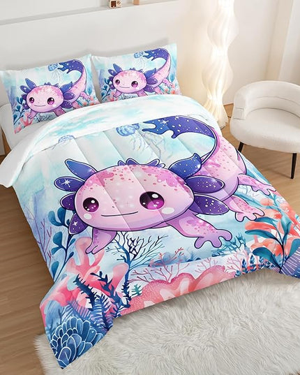 Cute Axolotl Bedding Set King Size,Color Axolotl Waterweed Jellyfish Pattern Toddler Bed Comforter Set,Kawaii Ocean Life Bedding Sets for Kids Boys Girls Room Decor with 2 Pillowcases.