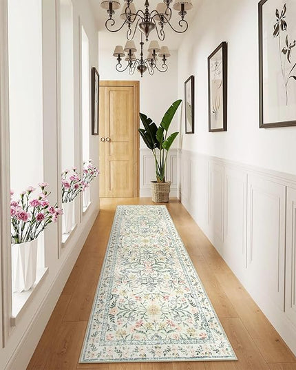 Wonnitar Washable Rug Runner 2'6''x8', Boho Floral Hallway Runner Rug 8ft Long Carpet for Bedroom, Soft Non Slip Ultra-Thin Beige Carpets for Bathroom Kitchen Bedside