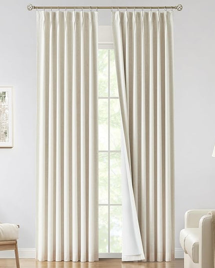 Vision Home Natural Pinch Pleated Full Blackout Curtains Linen Blended Room Darkening Window Curtains 120 inch for Living Room Bedroom Thermal Insulated Pinch Pleat Drapes with Hooks 10ft 40"Wx120"Lx2
