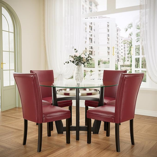 PADMA HOUSE Round Glass Dining Table Set for 6, 45in Modern Kitchen Small Wood Dinner Table with 6 Parsons Leather Dining Chairs 7 Piece Dining Room Table Chair Set, Clear&Wine Red