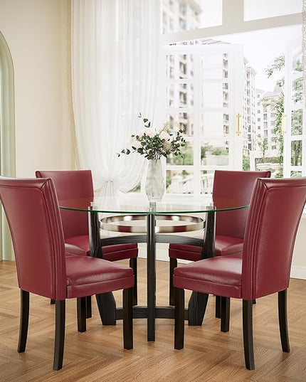 PADMA HOUSE Round Glass Dining Table Set for 2, 45in Modern Kitchen Small Wood Dinner Table with 2 Parsons Leather Dining Chairs 3 Piece Dining Room Table Chair Set, Clear&Wine Red