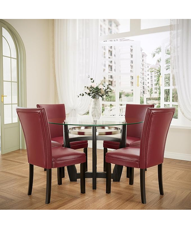 PADMA HOUSE Round Glass Dining Table Set for 4, 45in Modern Kitchen Small Wood Dinner Table with 4 Parsons Leather Dining Chairs 5 Piece Dining Room Table Chair Set, Clear&Wine Red