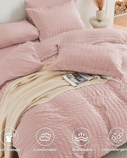 HYMOKEGE Rose Gold Twin XLComforter Set Seersucker 5 Pieces, All Season Luxury Bed in a Bag for Bedroom, Bedding Set with Comforter, Sheets, Pillowcase & Sham