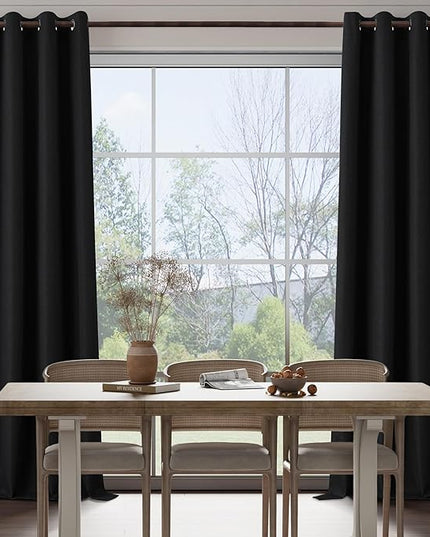 100% Blackout Linen Textured Curtains for Children's Room, Bedroom, Light Weight Curtains with Grommets Top, Full Blackout Curtains Privacy Protection, Black, 52" W x 63" L, 2 Panels