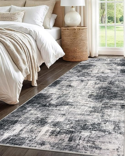 IOHOUZE Abstract Runner Rug 3x8 Ft Washable Runners for Hallways, Non Slip Kitchen Runner Printed Faux Wool Entryway Runner Indoor, Modern Abstract Floor Carpet for Hall Kitchen Bedroom, Black Grey
