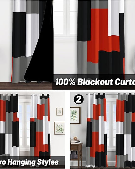 Red Black 100% Blackout Curtains for Bedroom 84 inch Long 2 Panels Set Modern Abstract Geometric Black Out Living Room Curtains Christmas Red Thermal Room Darkening Window Drapes, 52Wx84L