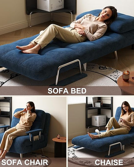 5-in-1 Blue Single Convertible Sofa Bed, Sleeper Sofa Chair with Armrest Storage Pocket, Mid-Century Modern Living Room Chairs Style