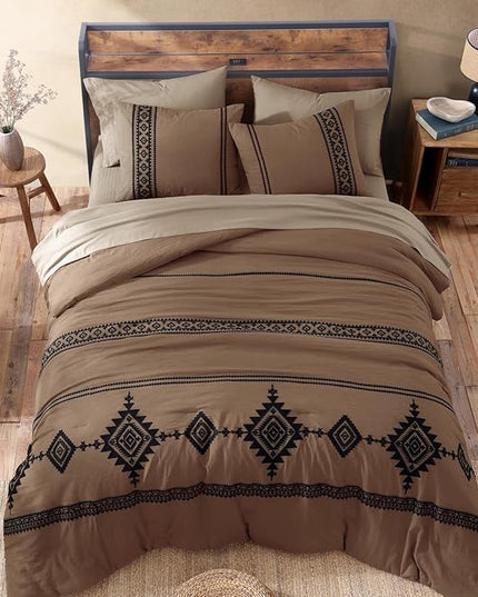 MaiRêve Embroidery Comforter Set, Boho Farmhouse Western Bedding Set, All Season Bed in A Bag Comforter Set with Sheets, Pillowcases & Shams, Brown Queen 7 Pieces