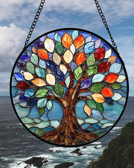 Stained Glass Window Hanging, Colorful Tree of Life Sun Catchers Glass Panel Blue Suncatcher Decor for Birthday for Women, Men, Wife, Aunt, and Mom 14.9x14.9 in