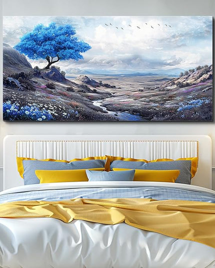 XIGUANGART Canvas Wall Art for Living Room Blue Flowers Tree of Life Art Prints Painting Landscape Nature Picture Modern Artwork Wall Decor for Bedroom Kitchen Home Office Mural Posters Gift 30"X60"